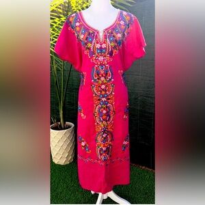 Vtg Pink Embroidered Butterfly Floral Oaxacan Mexican Dress